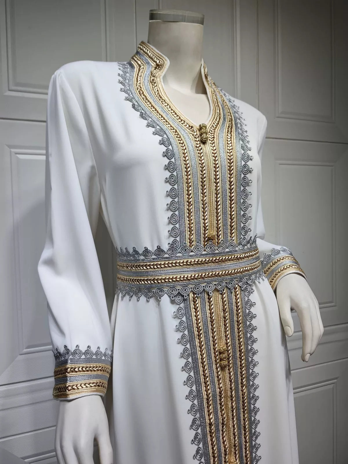 Abayas marocain solide dentelle bande crantée col en v manches longues décontracté ceinturé vêtements musulman longues robes modestes femmes