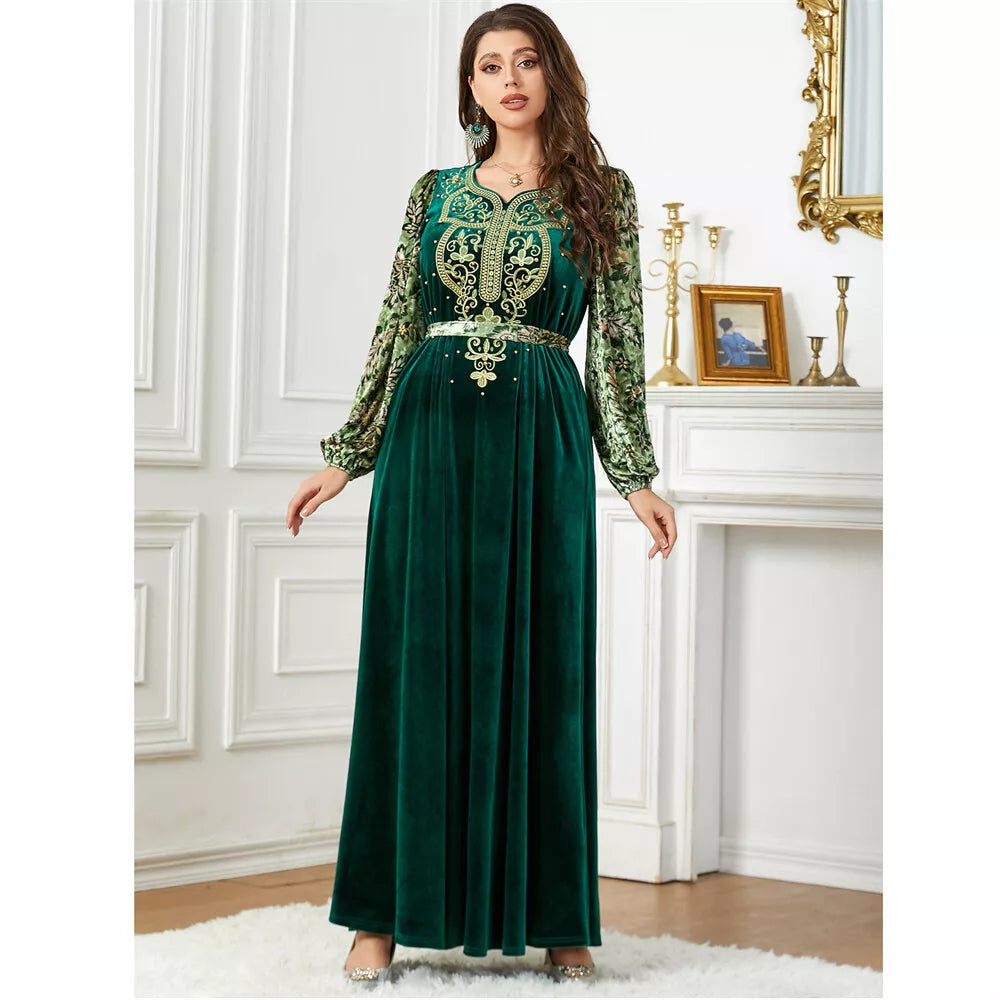 Siakakia Muslim Ramadan Eid Autumn Winter Velvet Beading Embroidery Floral Lantern Sleeve V-Neck Jalabiyat Moroccan Belted Abaya