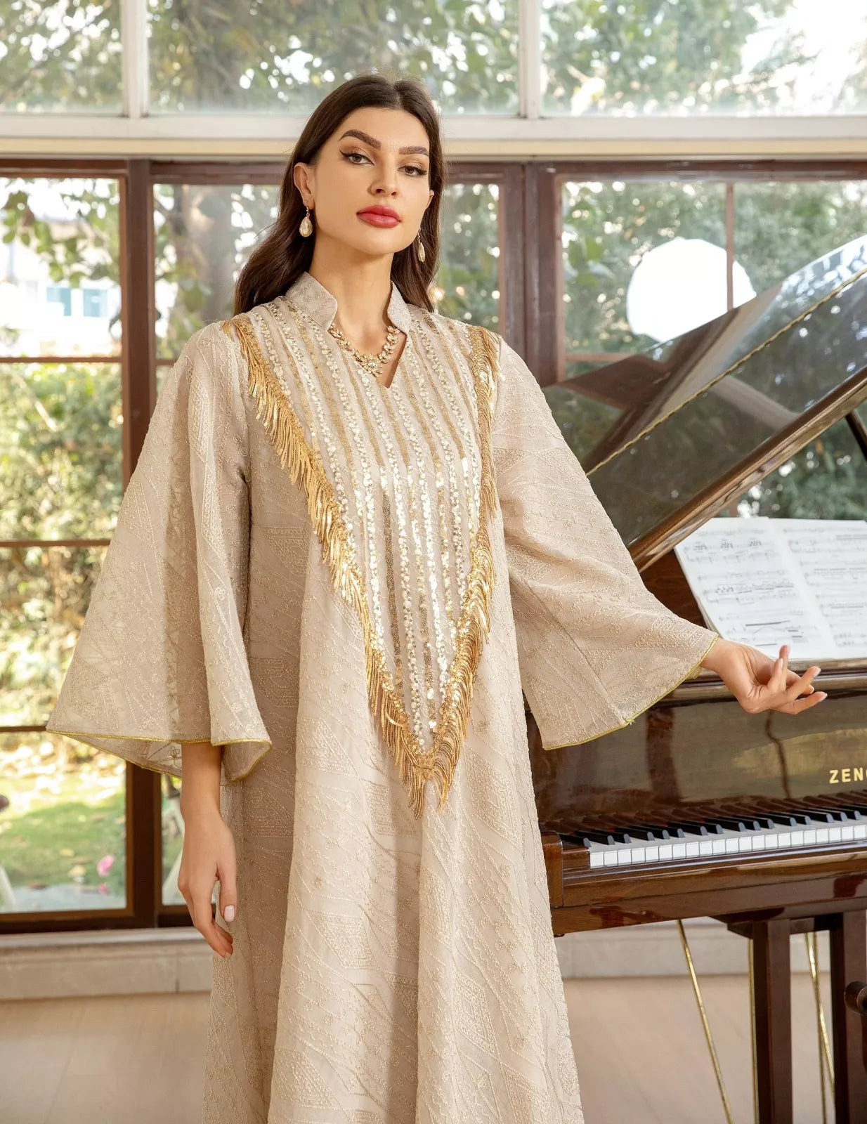 Arab Dubai Mesh Sequins Embroidery Evening Robe For Women Jalabiyat Muslim Turkish Casual Loose Long Sleeve Clothing