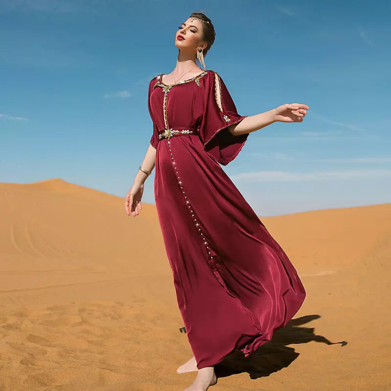 Evening Party Dresses Handsewn Diamonds Off The Shoulders Belted Abayas Moroccan Saudi Women Kaftan Islamic Clothing