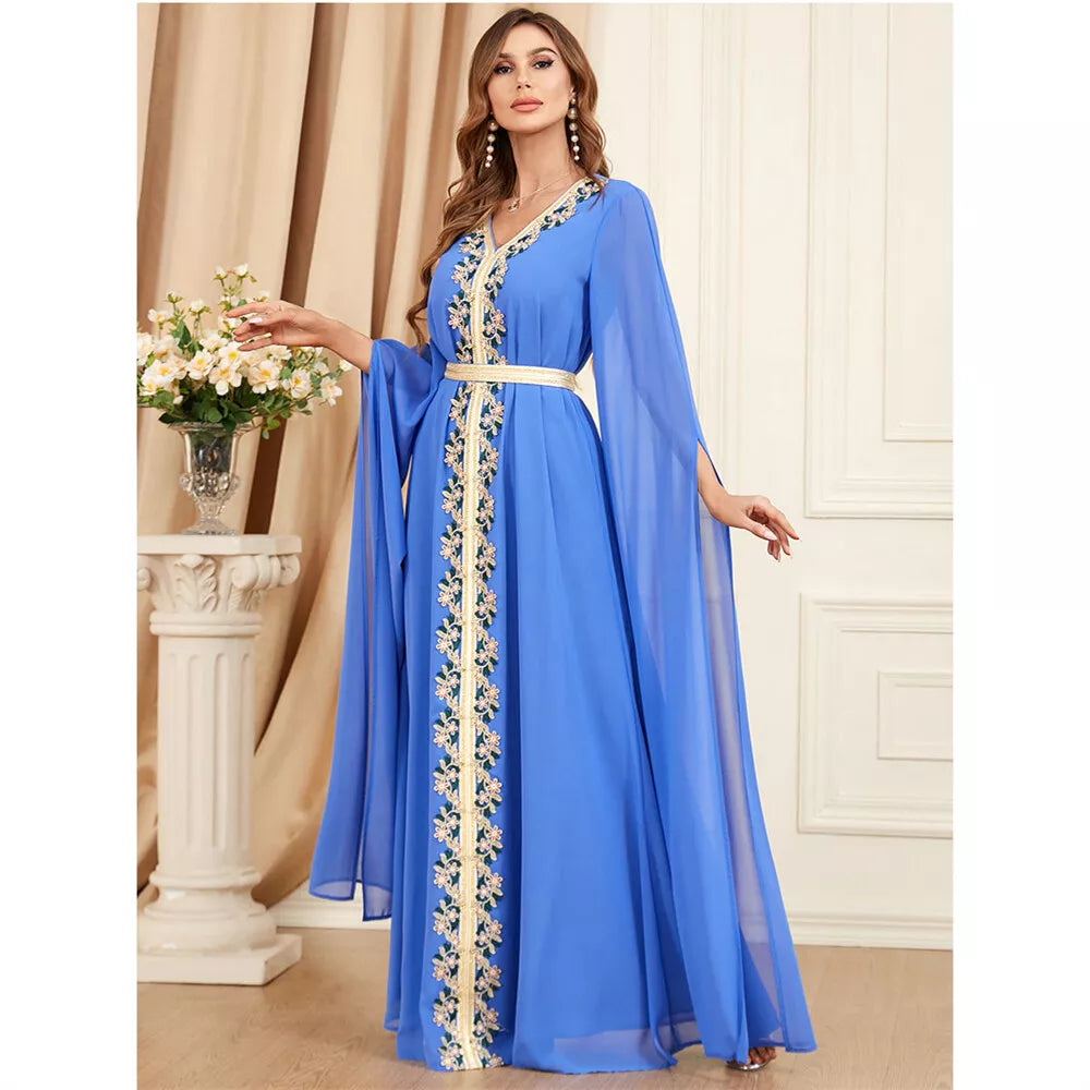 Muslimisches Kleid 2023 Dubai Caftan Frauen Grundlegendes Spitzenklebeband Super Full Sleeves V-Ausschnitt Schärpe marokkanischer Islam Abaya