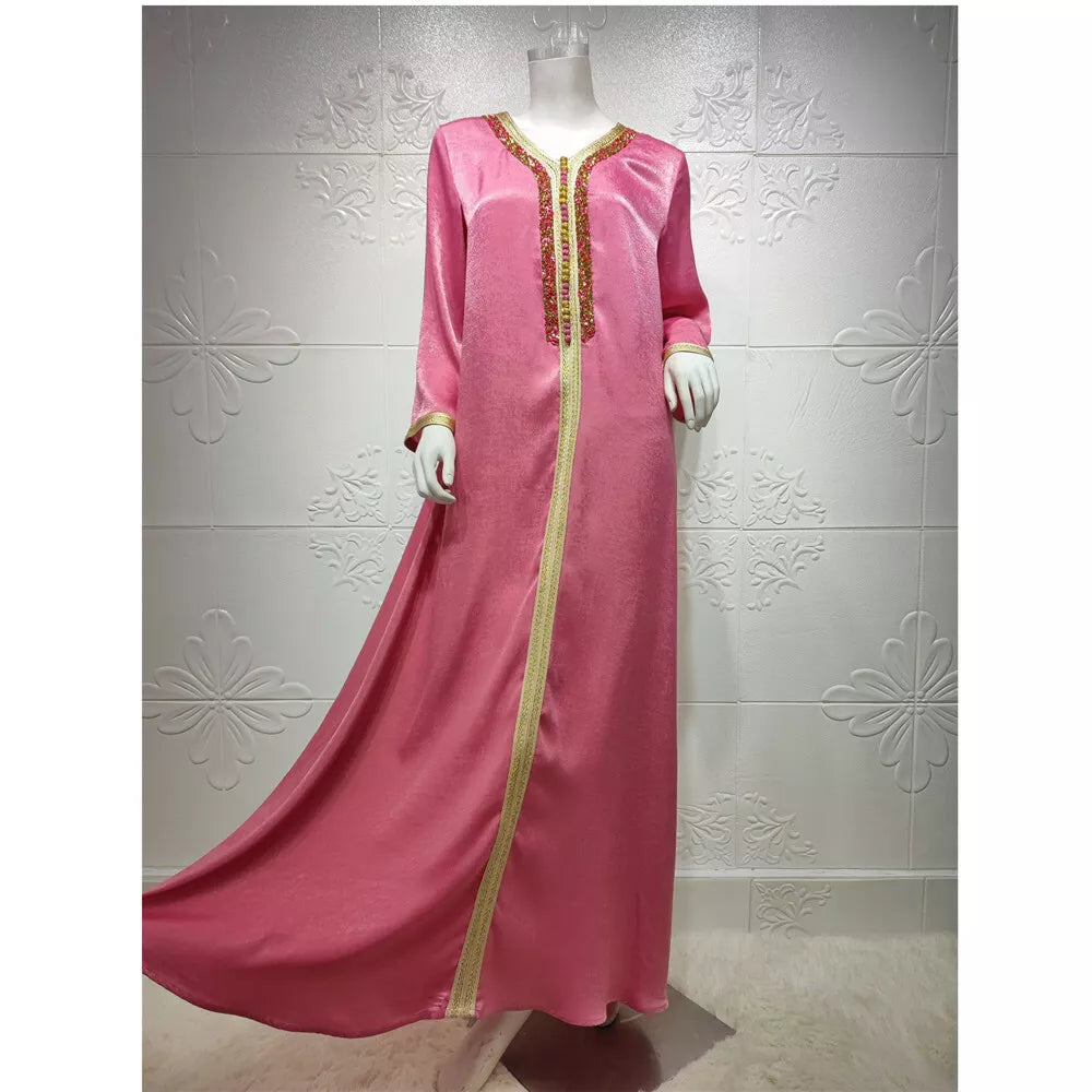 Ramadan Eid Pink Maxi -jurk voor vrouwen bescheiden moslim Turkije Arabische Dubai Diamond Ribbon v Neck Long Sleeve Jalabiya 2021