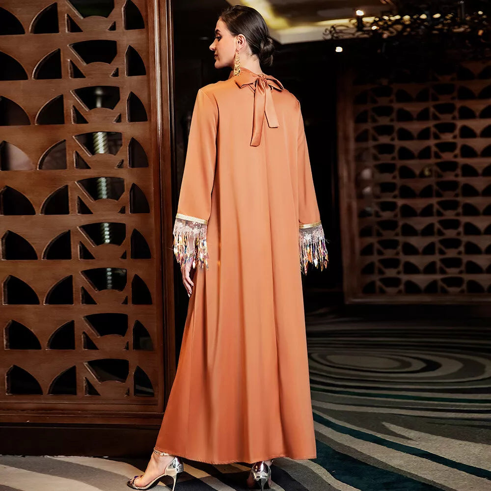 Gradient Tassel Abaya Kleiderinnen Frauen Chic Hand nähen Strasshlohlausand Langarm Arabische Dubai Party -Robe