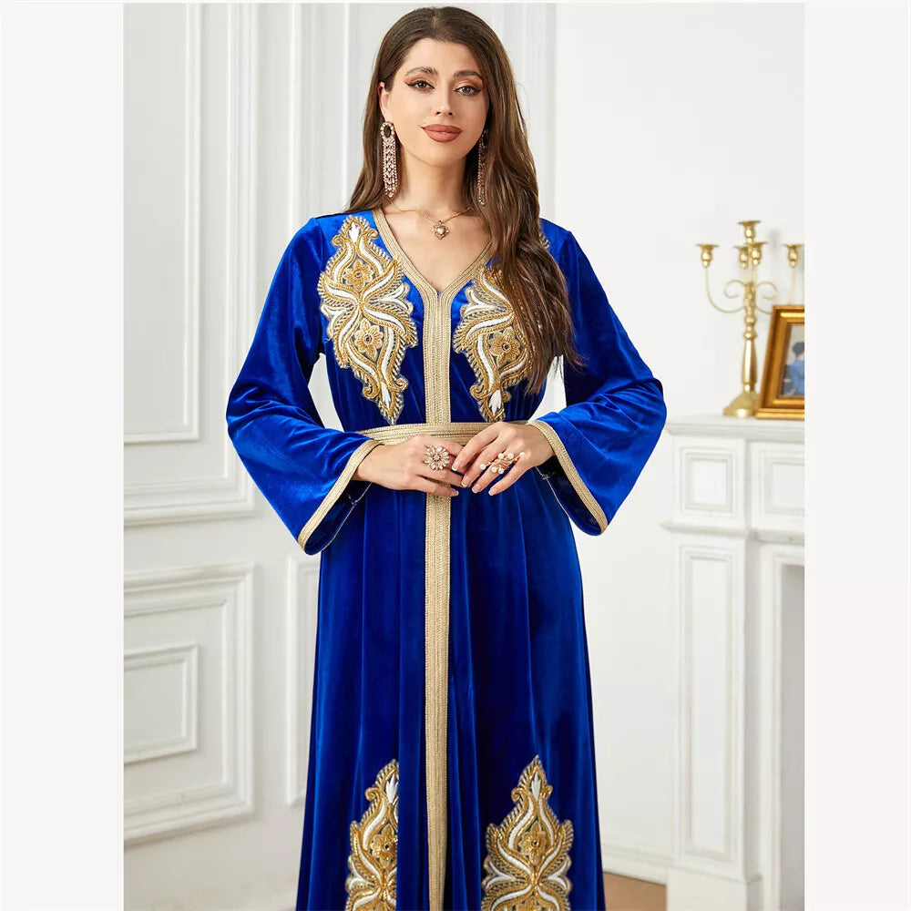 Dubai Autumn Winter Party Velvet Dress Arabska muzułmańska suknia orientalna błyszcząca niebieska frezowanie aplikacje pasy abaya