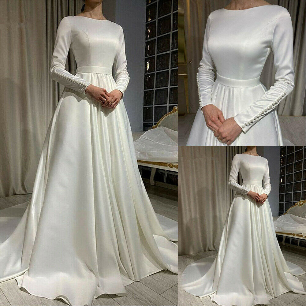 Ivory Elegant Long Sleeves Bridal Dress Muslim Wedding Gowns A-Line Satin Custom Made Vestidos De Novia Gelinlik