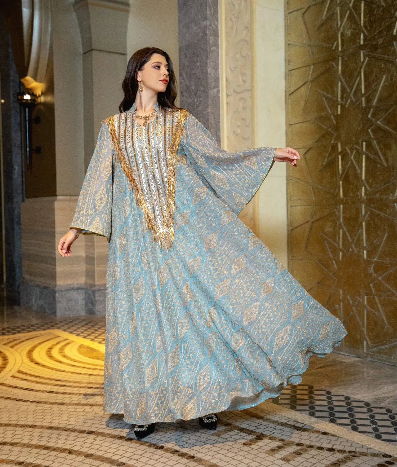 Arab Dubai Mesh Sequins Embroidery Evening Robe For Women Jalabiyat Muslim Turkish Casual Loose Long Sleeve Clothing