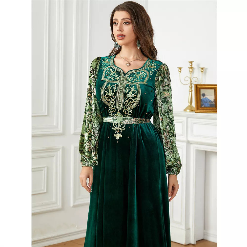 Siakakia Muslim Ramadan Eid Herbst Winter Velvet Perlen Stickerei Floral Lanternärmel V-Ausschnitt Jalabiyat Marokkanische Abaya