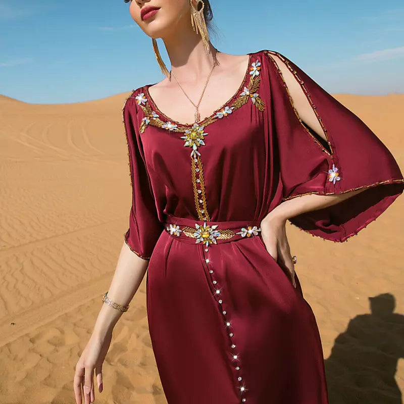 Evening Party Dresses Handsewn Diamonds Off The Shoulders Belted Abayas Moroccan Saudi Women Kaftan Islamic Clothing