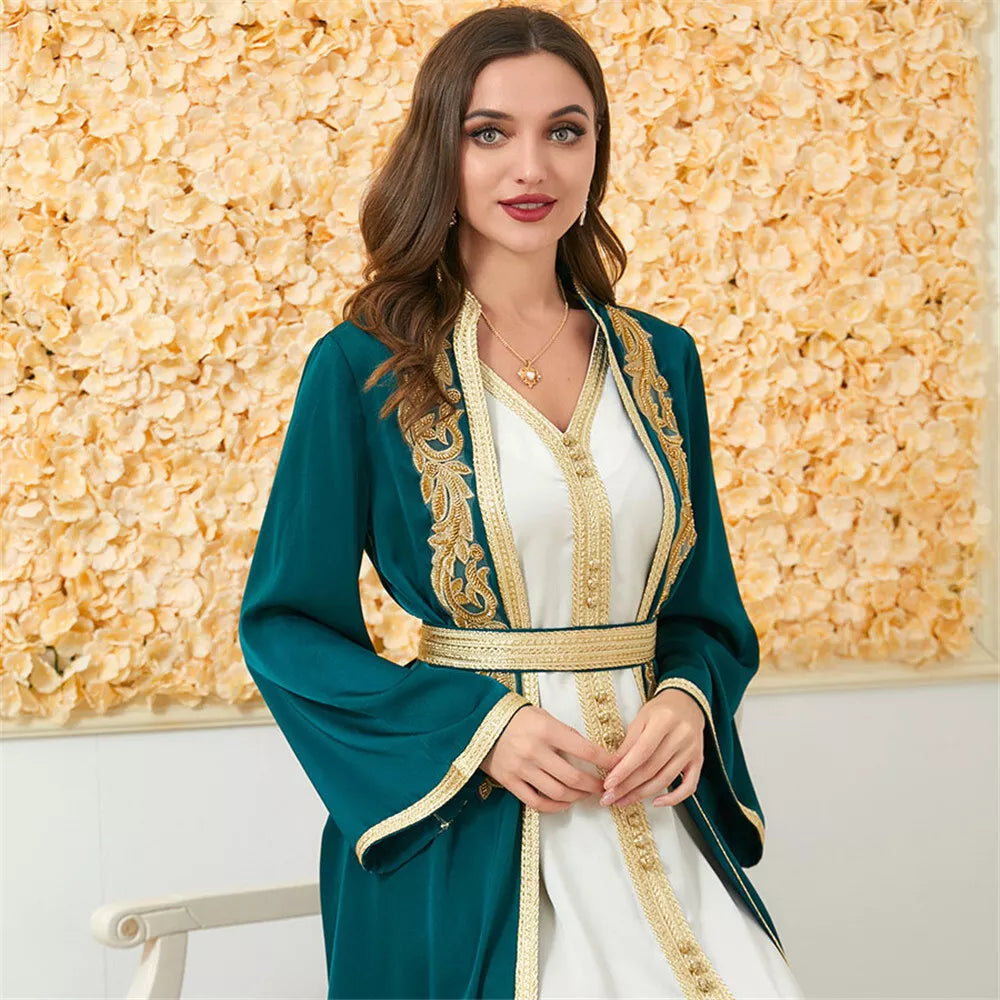 Moda muçulmana de duas peças Jilbab Robe Apliques Winter abaya e colete de vestido comprido sobregarents islâmicos mulheres marroquinas caftan