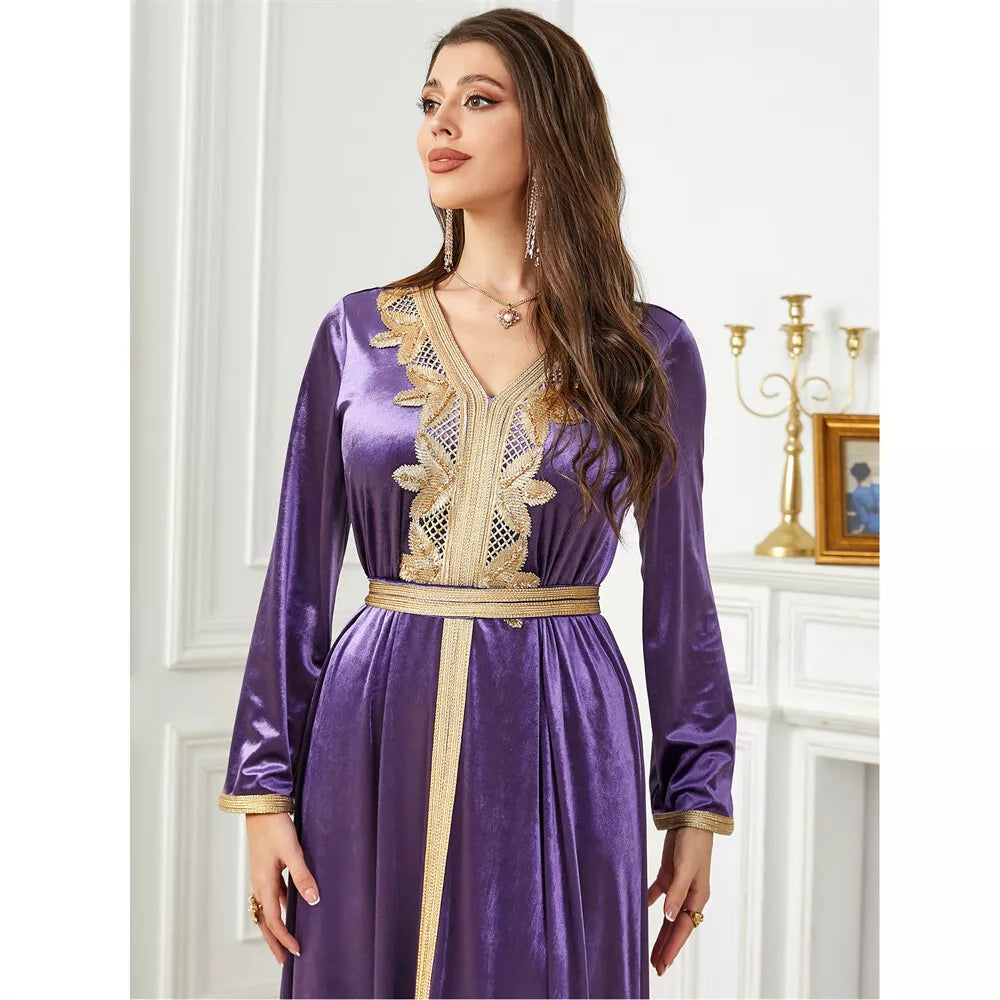 Robe de soirée en velours, couleur unie, Jalabiyat, turc, saoudien, manches longues, col en v, ceinture, africaine, marocaine, Abaya, automne hiver