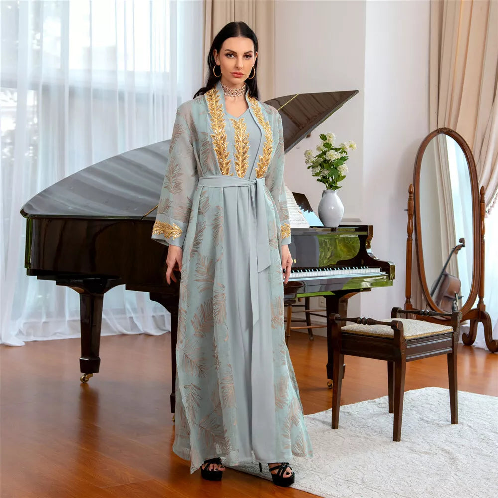 2 Piece Suit Embroidery Guipure Lace V-Neck Full Sleeve Elegant Casual Belted Clothing For Islamic Gulf Women