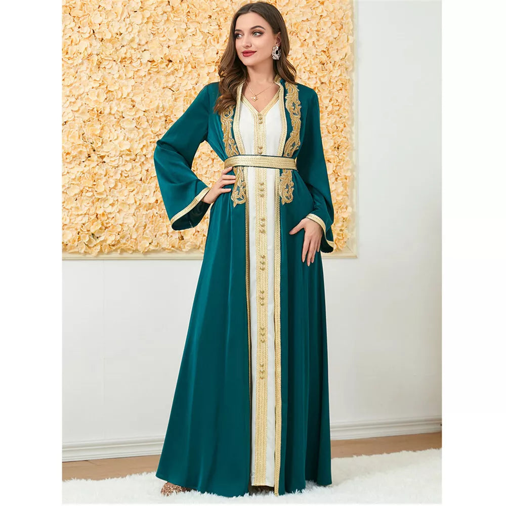 Moda muçulmana de duas peças Jilbab Robe Apliques Winter abaya e colete de vestido comprido sobregarents islâmicos mulheres marroquinas caftan