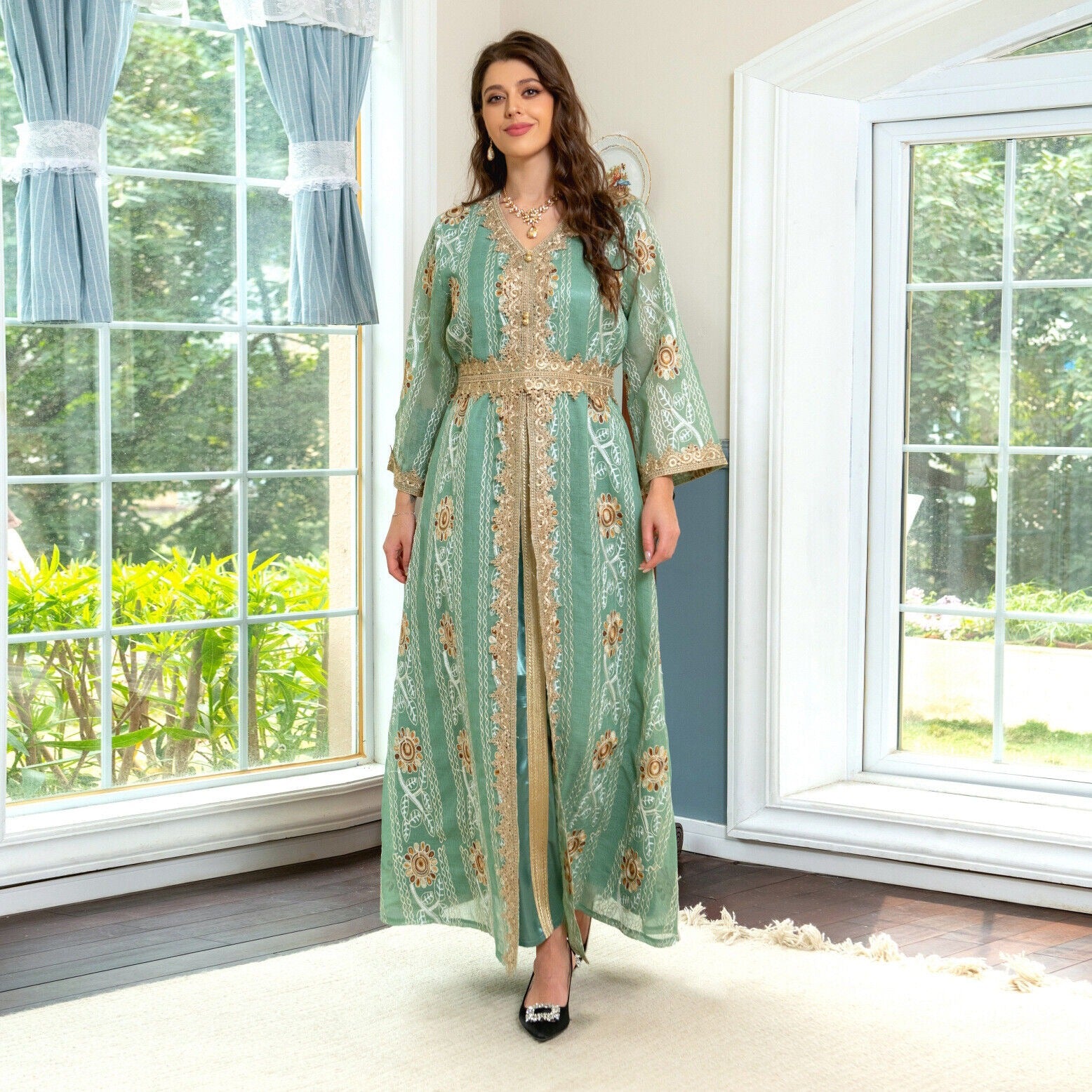 Muslim Ramadan Satin Mesh Floral Embroidery Ethnic Belted Dresses Fashion Moroccan Kaftan Women Jalabiya Party Outfits