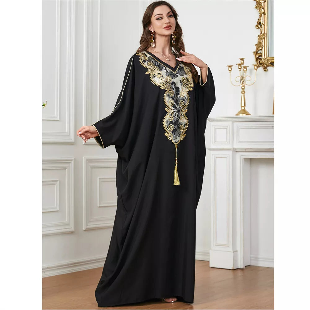 Dubai Turkish lässige lockere solide Batwing -Ärmel gegen Kragen Blumensticke und Quaste Abaya Arab African Women Caftan