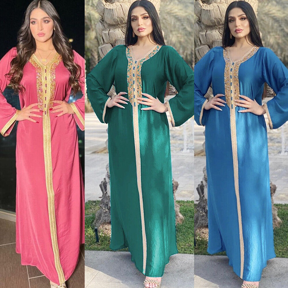 Ramadan Eid Pink Maxi Dress for Women Madest muzułmański indyk Arabski Dubai Diamentowa Wstążka V Długie rękaw Jalabiya 2021