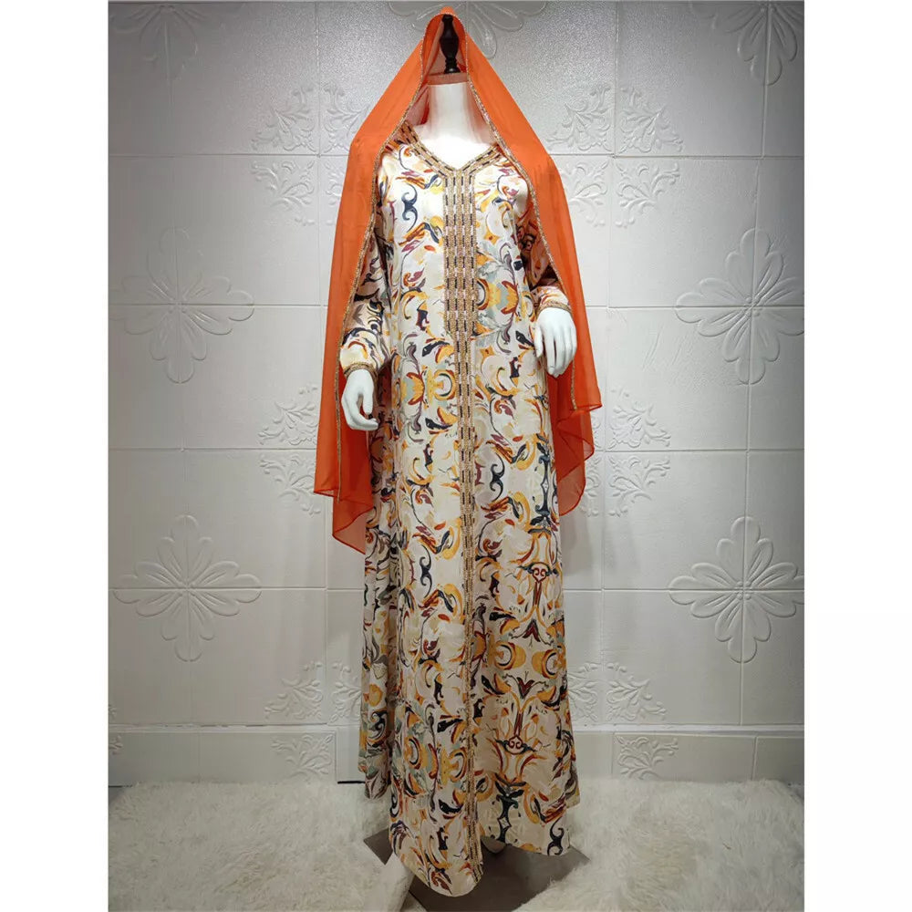 Muslim Abayas Uae Dubai Chic Ethnic Printing Pape Trim Full Sleeve V-Neck Casual Caftan Dubai