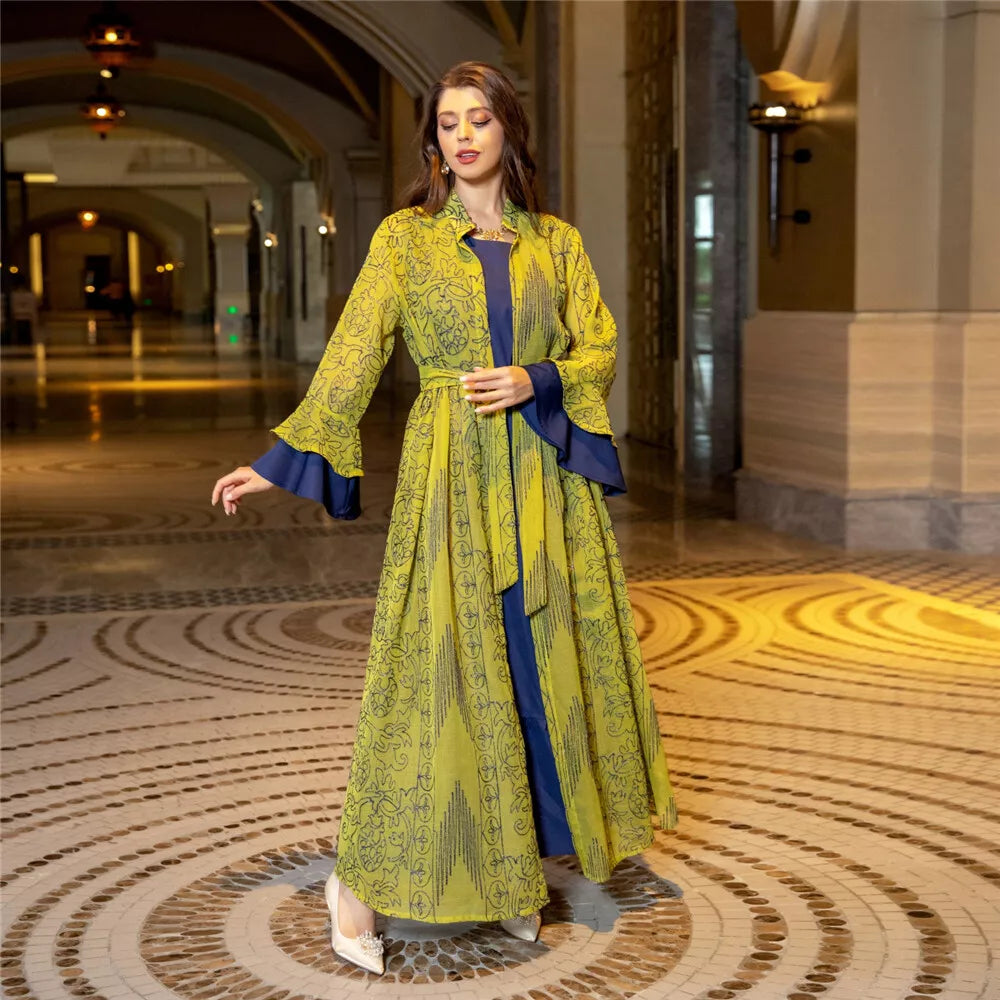 Conjunto de vestido de noche musulmán para mujer, Kimono elegante bordado con mangas con volantes, Abaya y chaleco interior, bata de fiesta de Turquía de Dubái de Oriente Medio