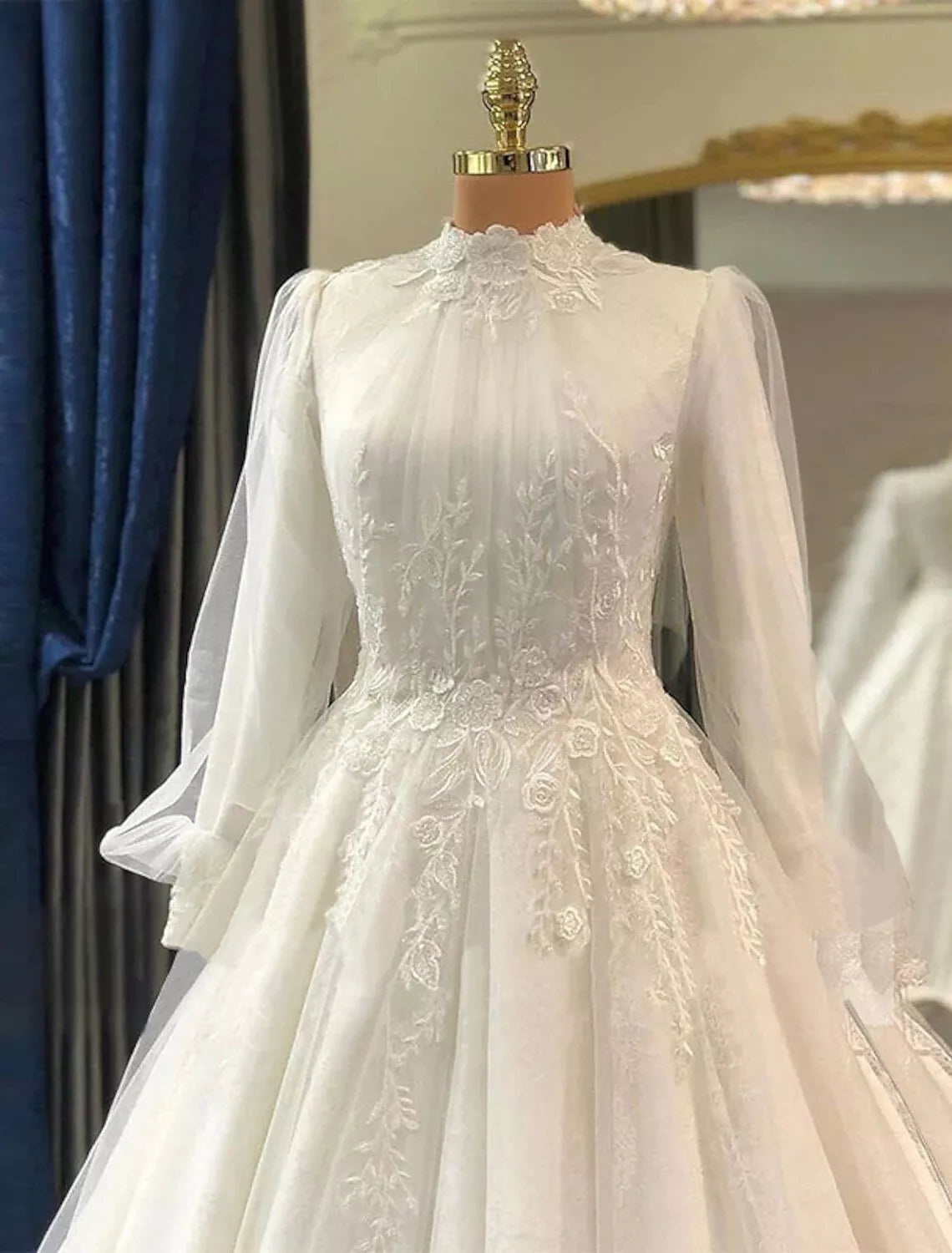 Vestido de noiva muçulmano de pescoço alto, vestido de noiva longo das lacas de renda Tulle Bride Vestes Vestidos de Novia