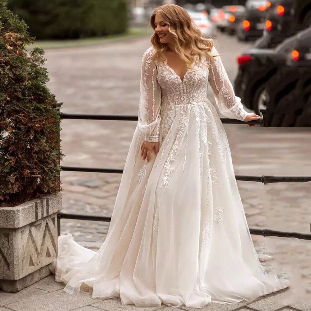 Precioso vestido de novia de talla grande, vestido de novia de manga larga de tul, vestido de novia de gran tamaño con cola de barrido 