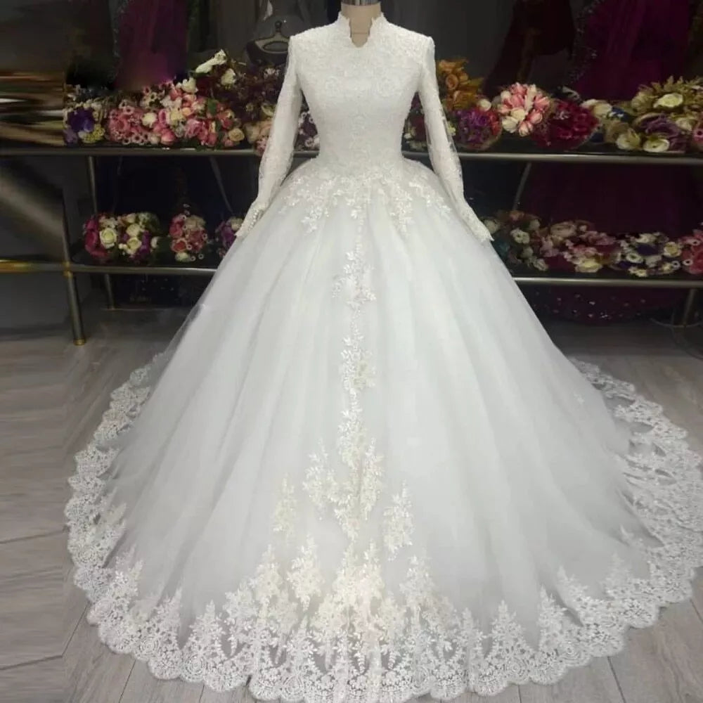 Vestido de noiva plus maat hoge nek kanten applique baljurk trouwjurken 2023 Moslim trouwjurken met lange mouwen voor vrouwen