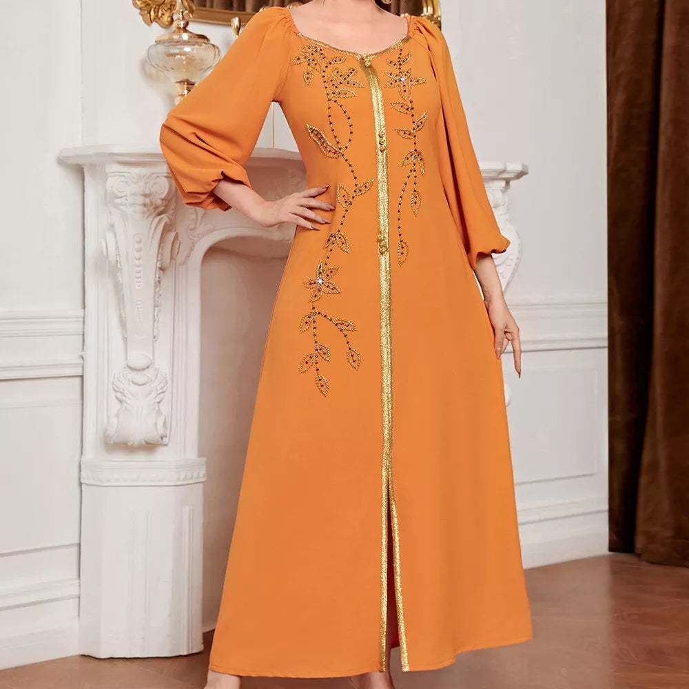 Robes de soirée à manches lanternes pour femmes musulmanes, caftan marocain, dubaï Abaya, ruban strass perlé Eid