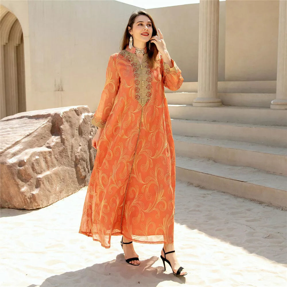 Arab Floral Embroidery Long Sleeve Lace Tape Notched V-Neck Casual Abaya Moroccan Caftan For Women Djellaba Dubai Dress