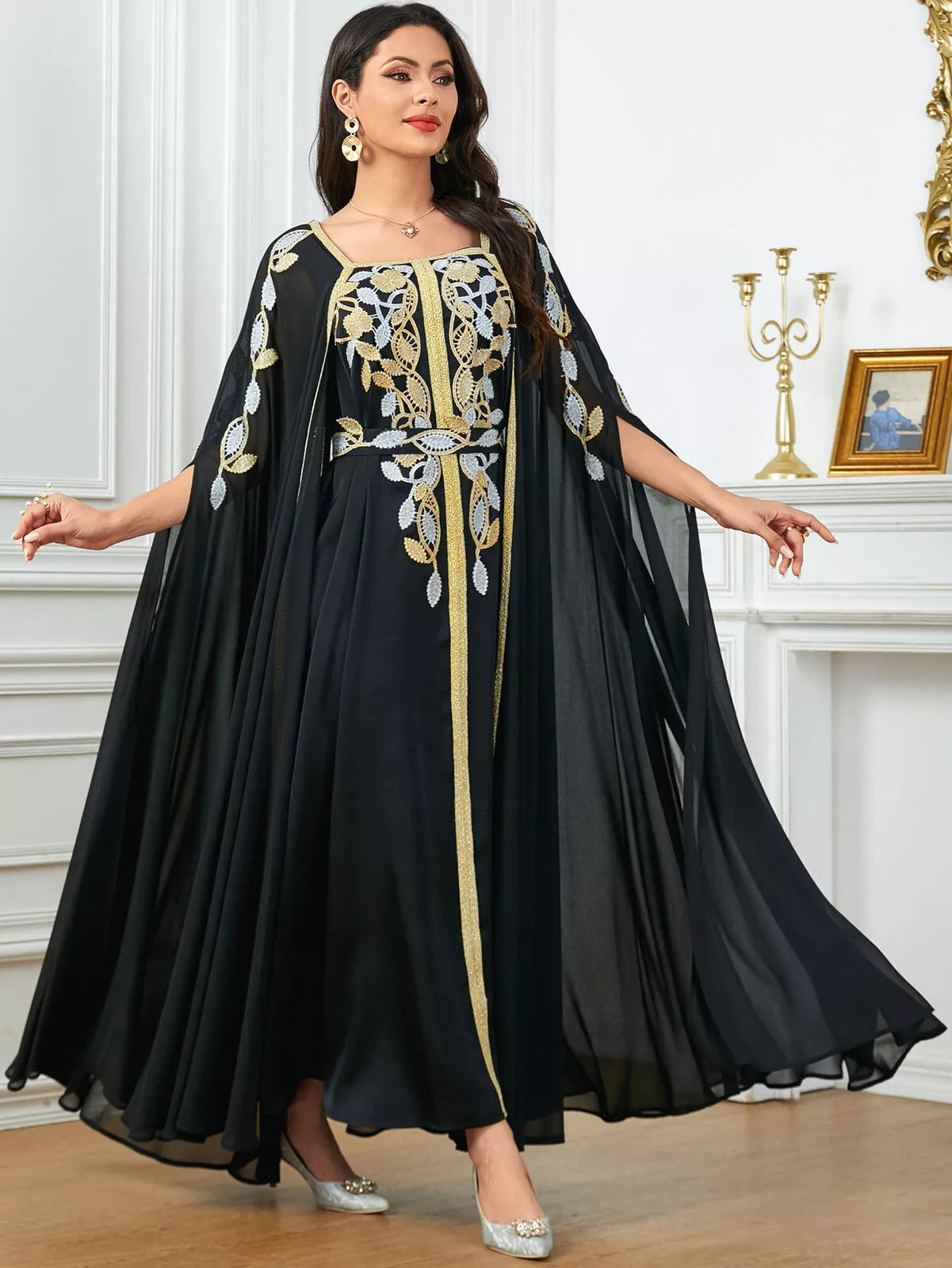 Elegante casual super lange mouw feestjurk Marokkaanse Saoedische appliques riem jurken Turkse Afrikaanse Abayas Arab Kaftan