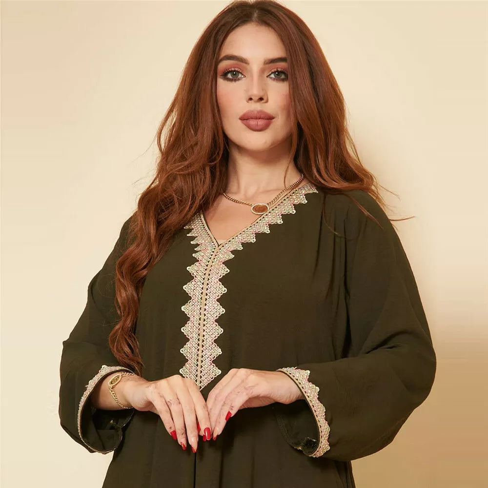 Moroccan Women Jalabiyat Fashion Basic Solid Diamonds Full Sleeve V-Neck Elegant Chic Turkish Female Abaya