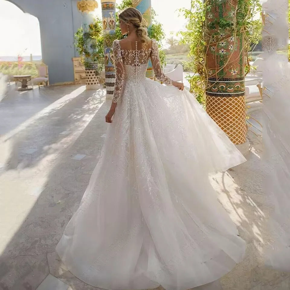 Squisito tulle in pizzo a linea abiti da sposa o maniche lunghe abiti da sposa a manica lunga