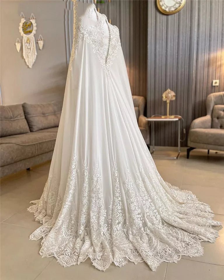 Volledige mouwen bruidsjurken voor bruid vestido de noiva casamento hoge nek islamitische moslim chiffon appliques trouwjurk