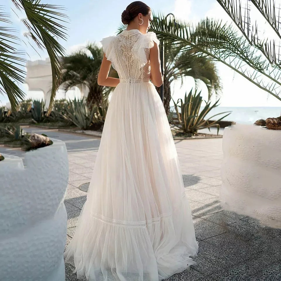 Jeheth Boho High Neck Mouwloze trouwjurken Elegante kanten Appliques Bridal Jurets A Line Vestidos de novia Custom Made Made