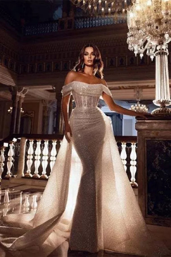 Abiti da sposa sexy glitter bodycon sirena da spalla senza maniche boho da sposa con abiti da sposa in treno lucido