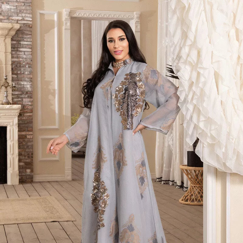 Dubai Fashion Mesh Sequins Embroidery Evening Party Gown Jalabiyat Saudi Arab Casual Robe African Women Caftan Clothing