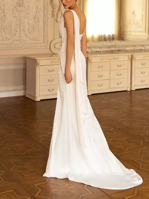 Satin Elegante Brautkleider quadratischer Kragen ein Schulterbrautkleider sexy Rückenless -Roben Seitenschlitz Vestidos de Novia