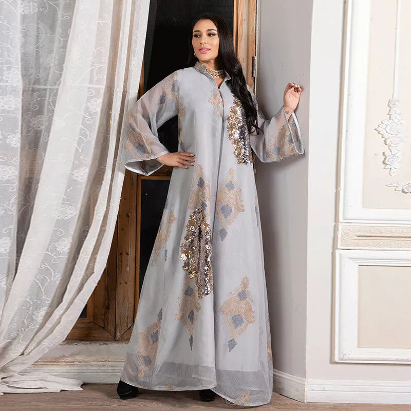 Dubai Fashion Mesh Pailletten Stickereien Abendpartykleid Jalabiyat Saudi Arabische Freizeitrobe Afrikanische Frauen Frauen Cafan Kleidung