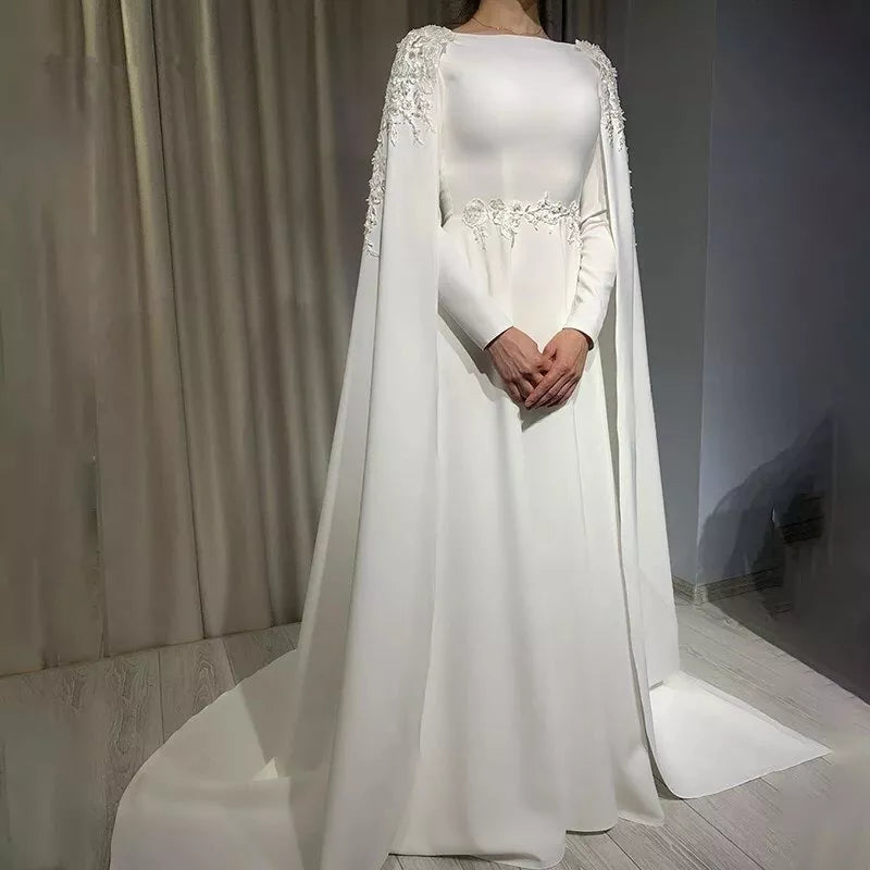 Muslimische Braut Brautkleider mit Wickelboot Hals bodenlange Applikationen Perlen Satin Brautkleider Vestidos de Novia Boda Zivil