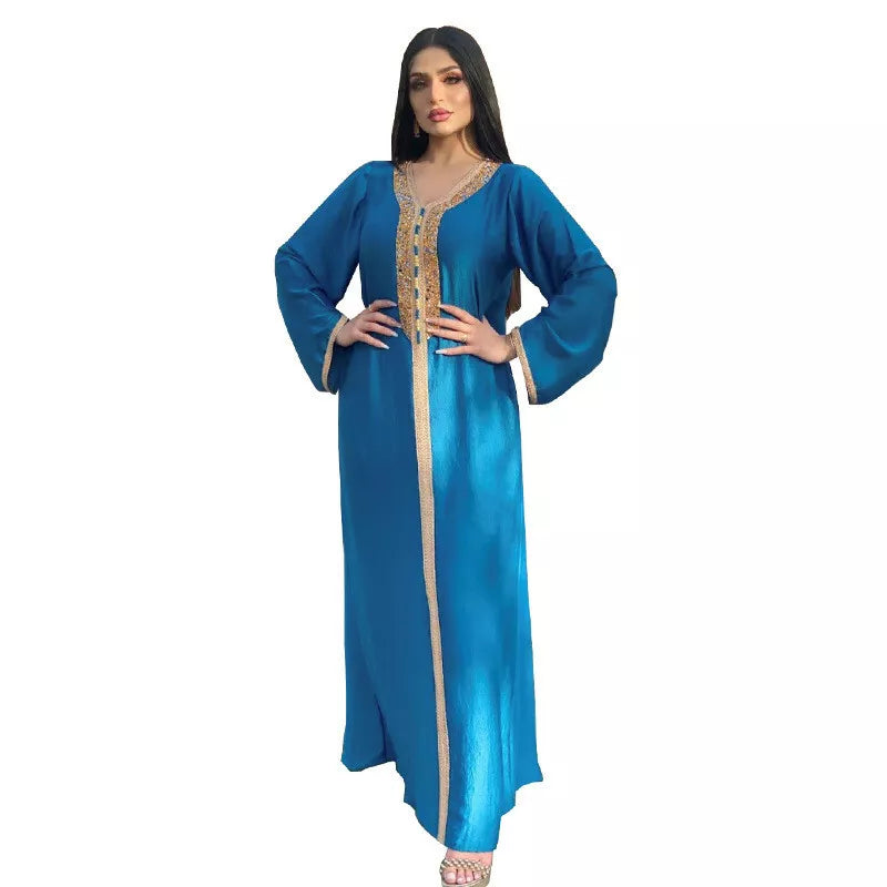 Ramadan Eid Pink Maxi Dress for Women Madest muzułmański indyk Arabski Dubai Diamentowa Wstążka V Długie rękaw Jalabiya 2021