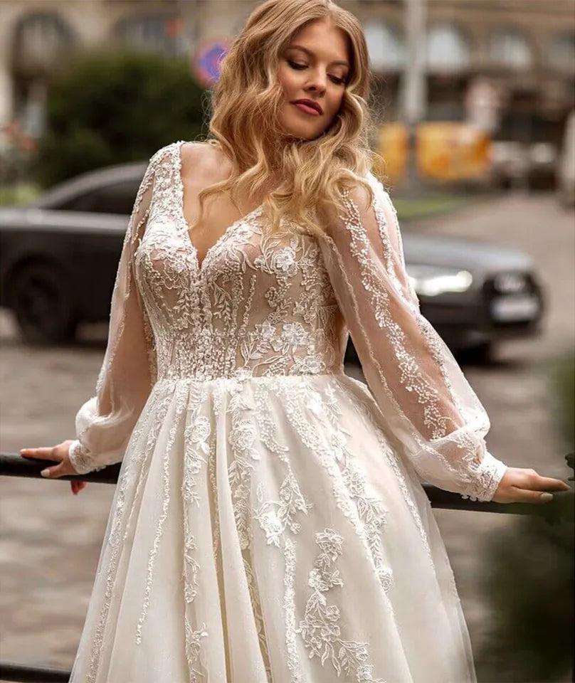 Precioso vestido de novia de talla grande, vestido de novia de manga larga de tul, vestido de novia de gran tamaño con cola de barrido 