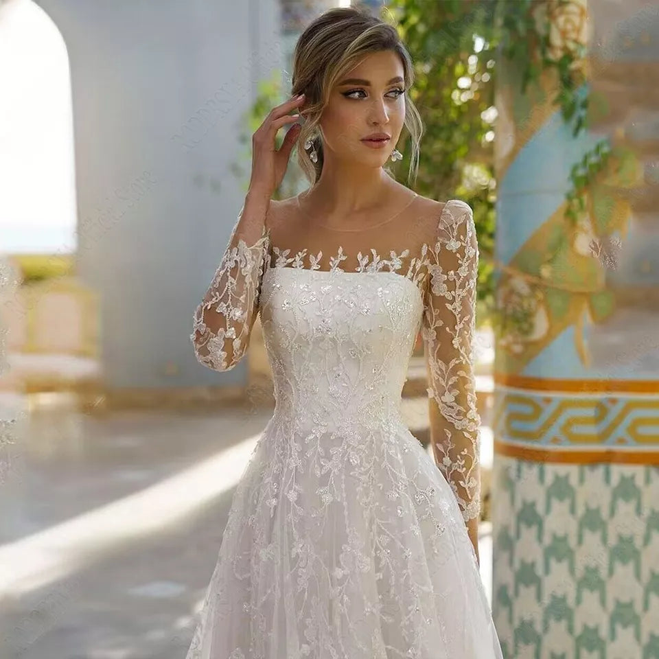 Encaje excelente tul una línea vestidos de Novia cuello redondo manga larga vestidos de Novia bordado moderno botón plisado Vestido de Novia 