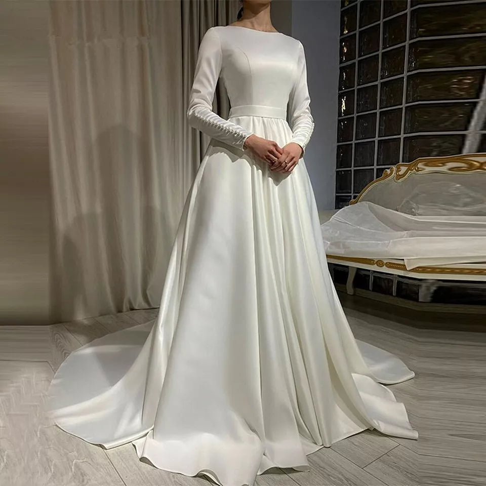 Ivory Elegant Long Sleeves Bridal Dress Muslim Wedding Gowns A-Line Satin Custom Made Vestidos De Novia Gelinlik