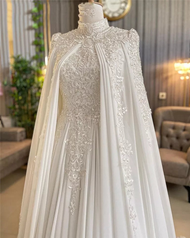 Abiti da sposa a maniche full maniche per la sposa vestido de noiva caseMent alte collo islamico in chiffon appliques abito da sposa