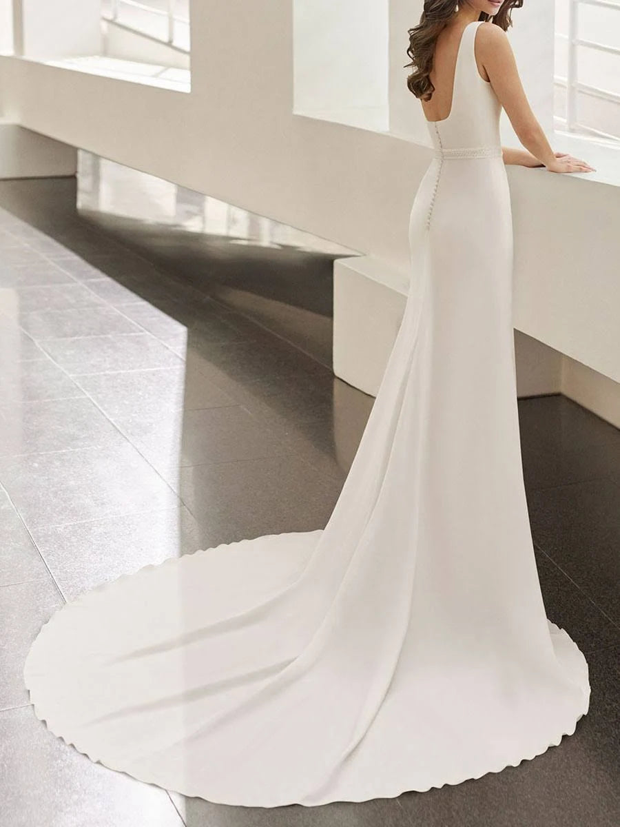 Robe de mariée simple à col carré, sans manches, dos nu, longueur au sol, avec ceinture et boutons, robes personnalisées 