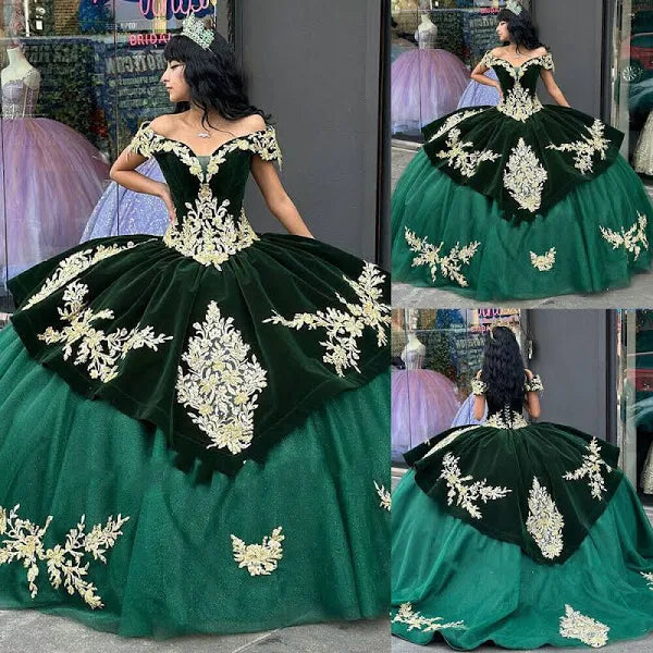 Caftan Evening Dress Hunter Green Ball Gown Prom Dresses Off The Shoulder Velvet Long Sleeve Evening Formal Party Dress