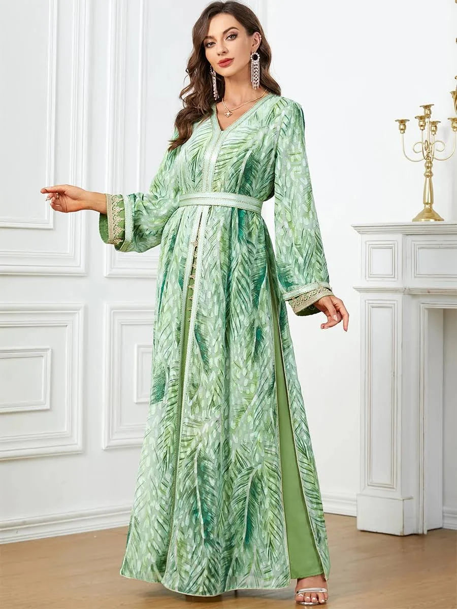 Robe marocaine Caftan 2 pièces Abaya, ensemble Robe de soirée imprimée, manches longues, col en v, Caftan islamique, vêtements musulmans du Ramadan