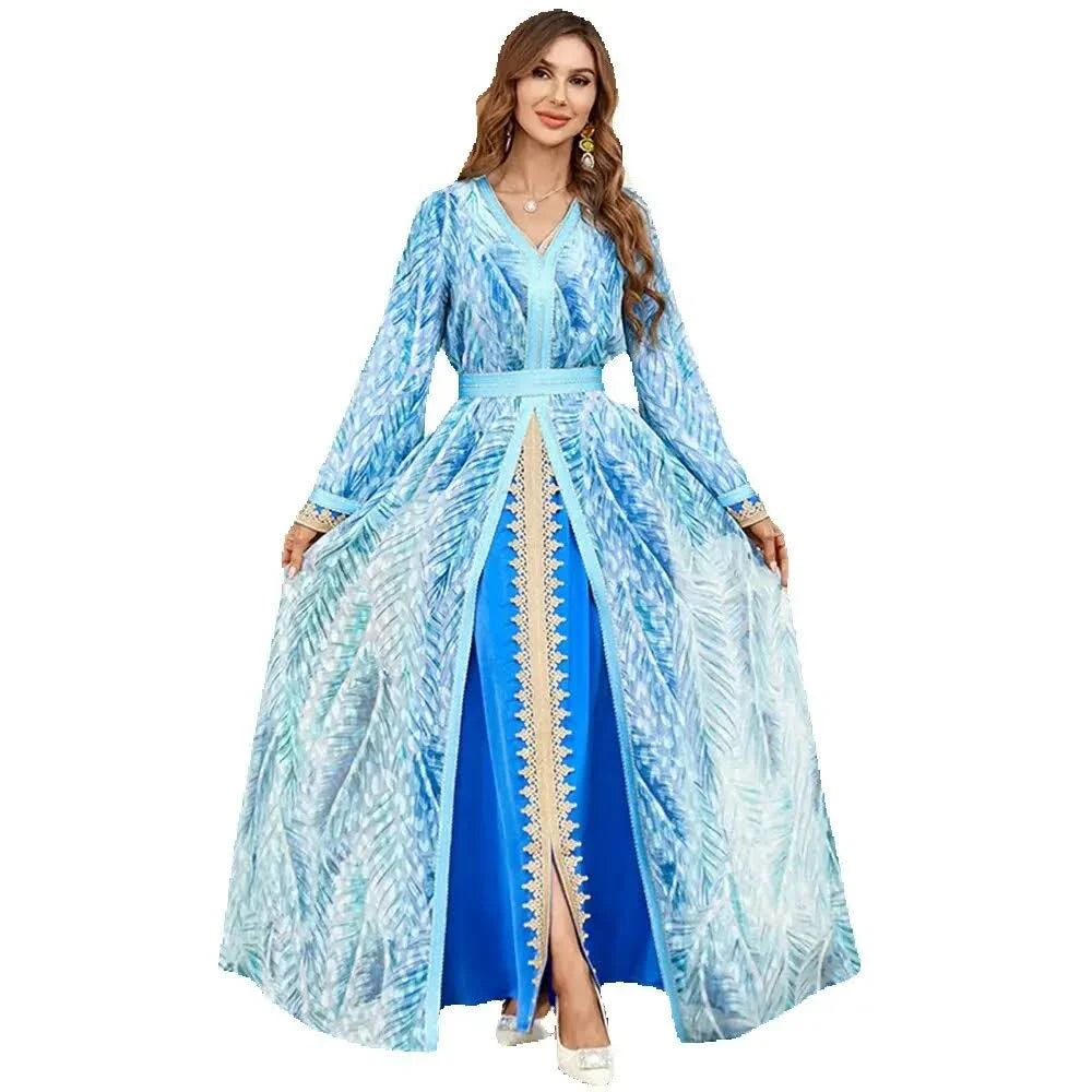 Vestido marroquino Kaftan 2 peças abaya conjunto de túnica noturna impressão de manga cheia em vaca islâmica de cafta ramada