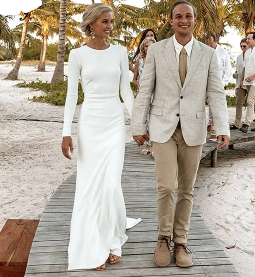 Robe de mariée sirène blanche en Satin doux, Simple, col rond, avec boutons, manches longues, traîne de balayage