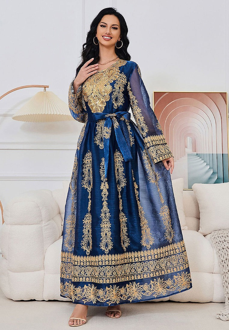 Blue Fashion Sequins Embroidery Muslim Woman Oriental Dress With Sashes Moroccan Turkish Women Elegant Party Gown