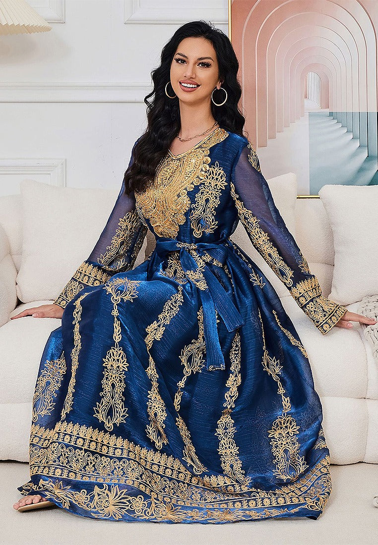 Robe orientale brodée de paillettes pour femmes musulmanes, bleue, avec ceintures, marocaine, turque, robe de soirée élégante