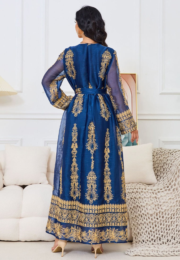 Robe orientale brodée de paillettes pour femmes musulmanes, bleue, avec ceintures, marocaine, turque, robe de soirée élégante