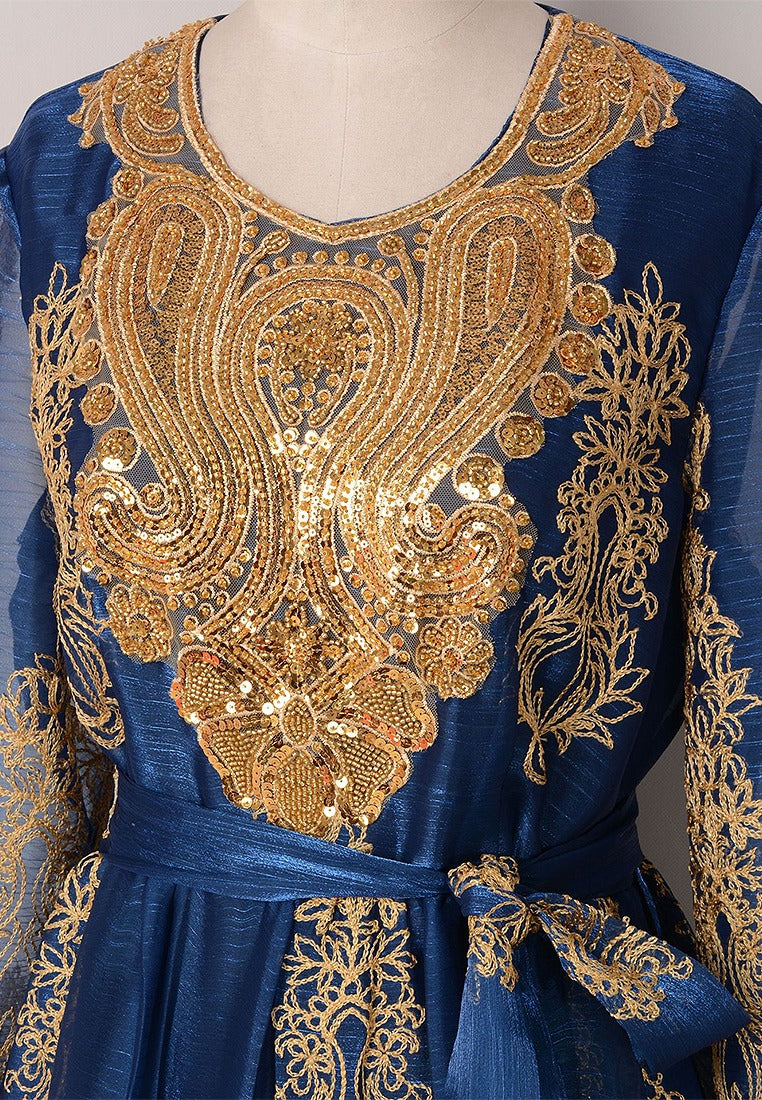 Robe orientale brodée de paillettes pour femmes musulmanes, bleue, avec ceintures, marocaine, turque, robe de soirée élégante